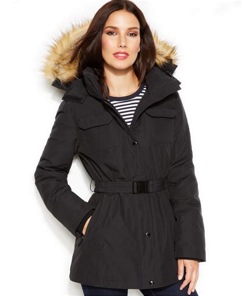 michael michael kors women's belted faux-fur-trim hooded maxi puffer coat|Faux Fur Trim Puffer Jacket .